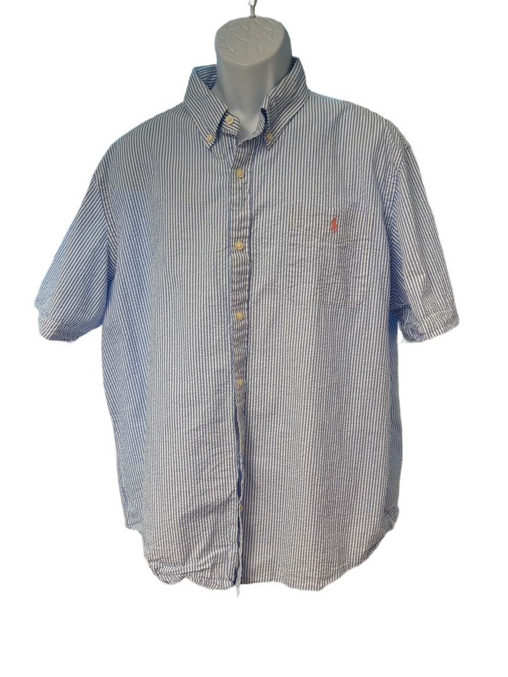 POLO RALPH LAUREN Classic Blue, White Seersucker Short Sleeve Men Shirt Size 2X
